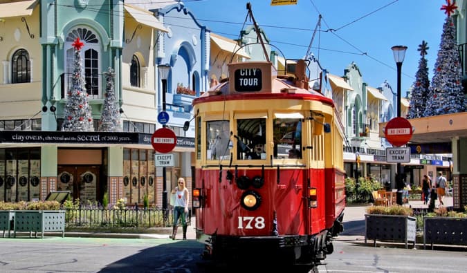 A streetcar in downtown Christchurch, New Zealand in the summer